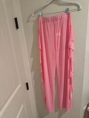 Pink Ruffle Side Wide-Leg Women's Pants